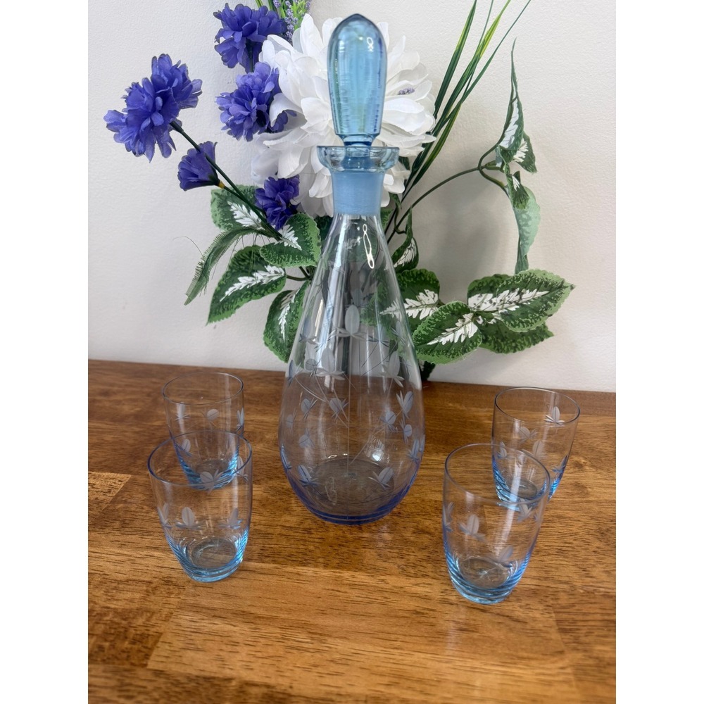 Vintage Blue Glass Floral Etched Decanter Set With Matching Glasses Bar Cart‎